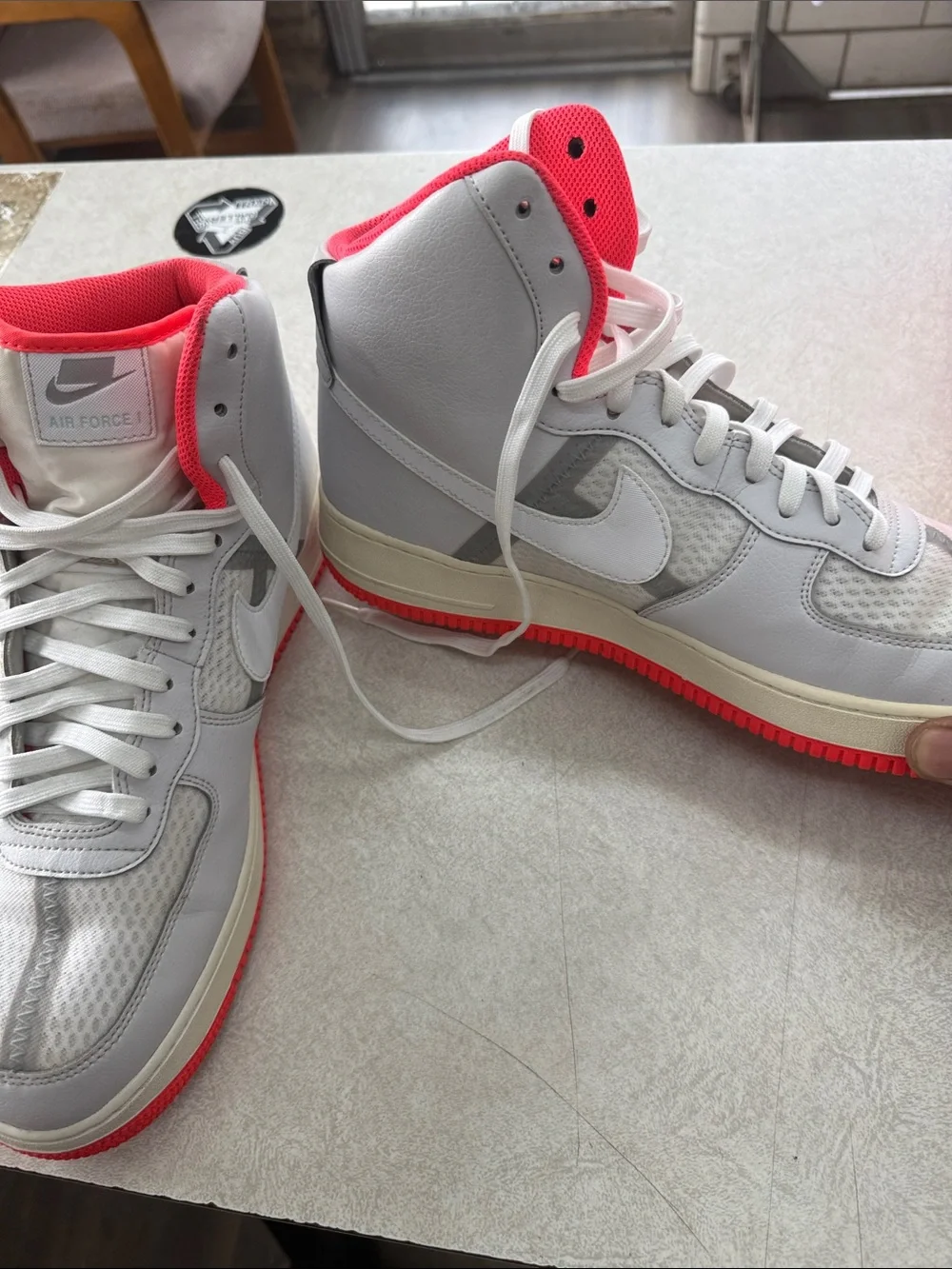 Nike High-Top Air Force 1 Sneakers in Light Gray and Bright Orange